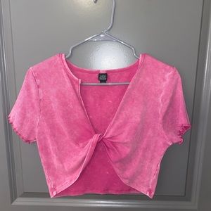 Twist-Front Ribbed Cropped Short Sleeve Shirt